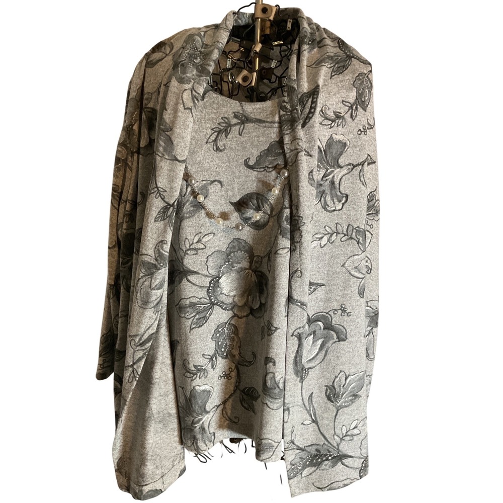 Alfred Dunner Womens Gray Floral Print Knit 2 Piece Set Cardigan Top Size L